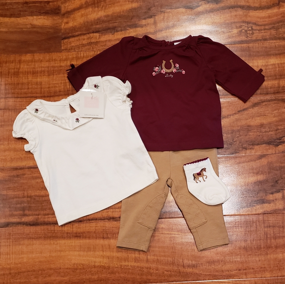 Janie & Jack NWT/EUC 3-6 months plum horse top, ivory collared top, pants, socks